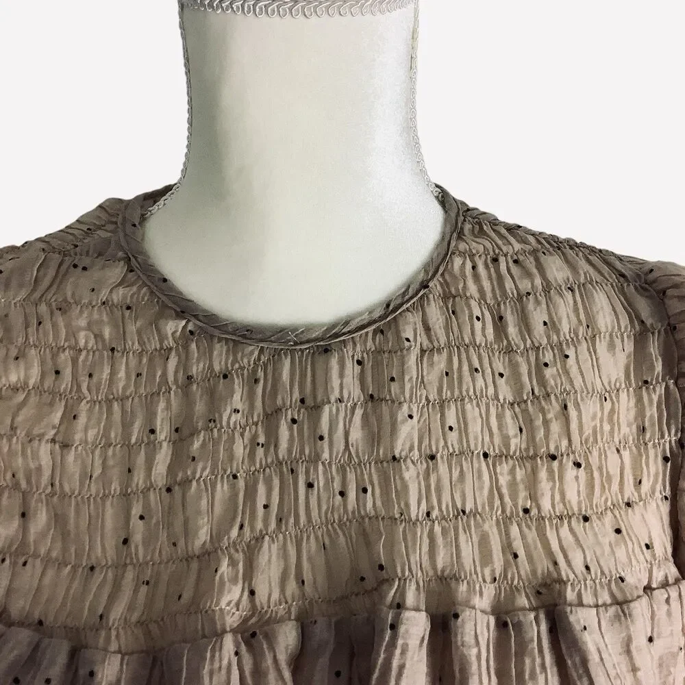 Women M Smocked Flutter Sleeve Mini Knee Dress Tan Dot Sheer Chifon Kawaii Fairy